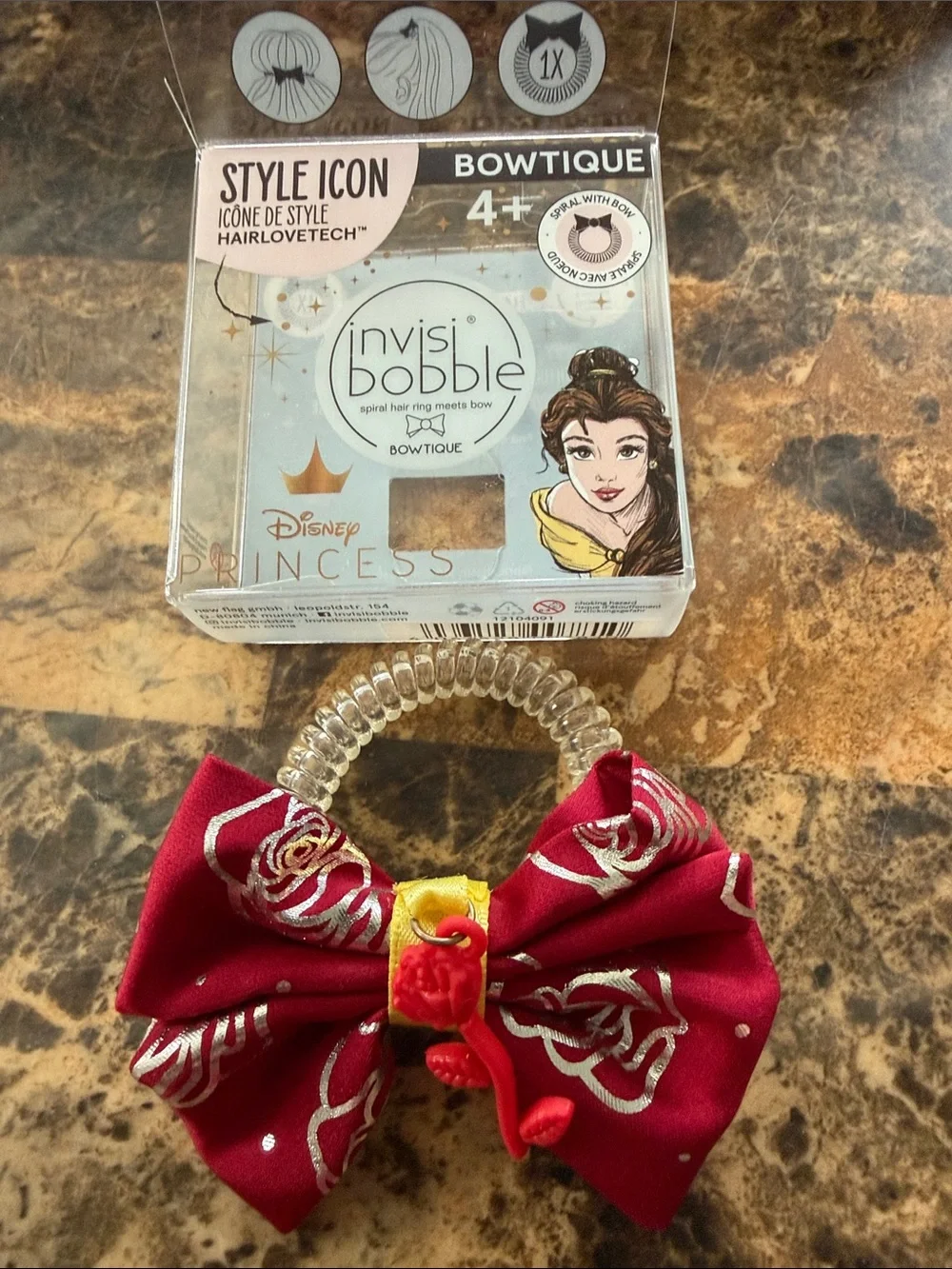 Disney burgundy bow hair ring with yellow and red rose charm